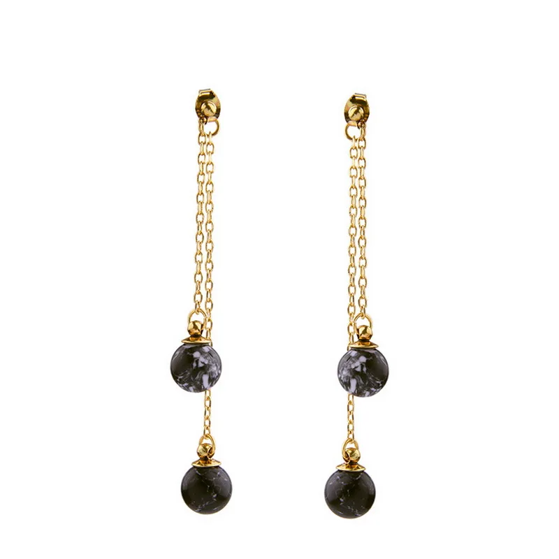 

Double Smooth Natural Stone Marble Ball Long Dnagle Earrings Gold Fashion Women Boutique Jewelry Wholesale