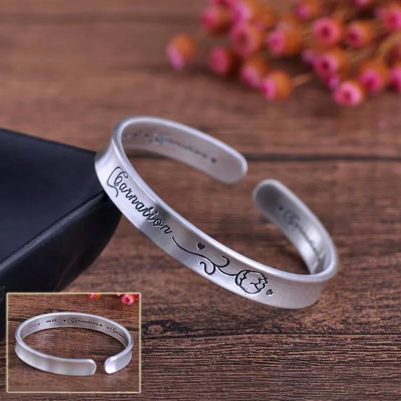 

Sterling Silver Carnation Embossed Female Cuff Bangle & Bracelet Opening Silver Bracelet for Mother Gift Silver Jewelry