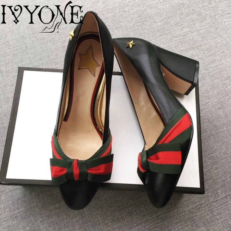 

Summer Thick Heels Pumps for Ladies Real Leather Women Mary Janes Shoes Butter-Fly Black Red Hot Sale Shallow Star Sandals Autum