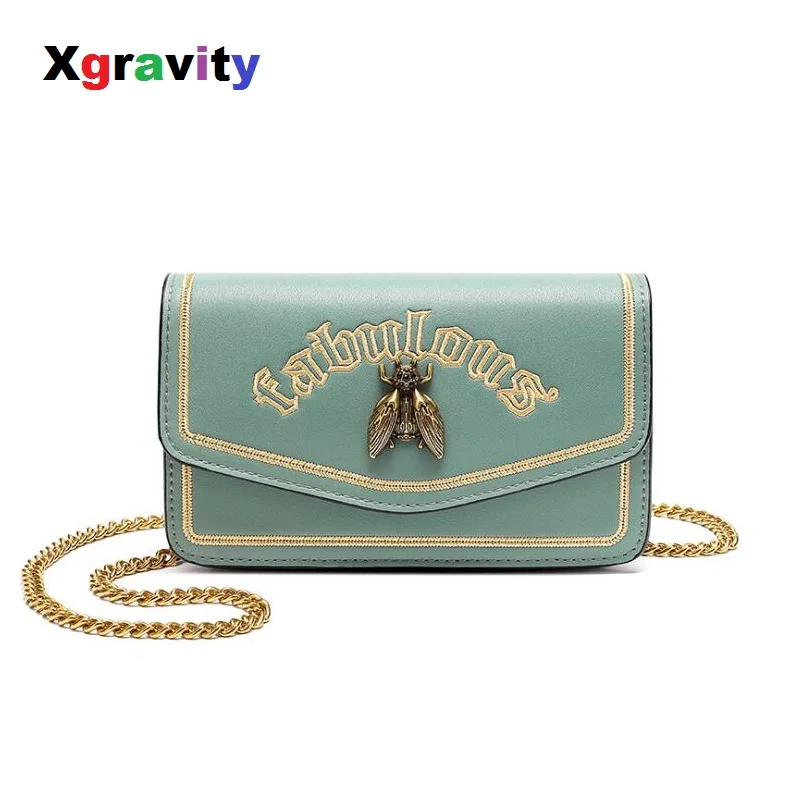 

Xgravity Embroidery Letter Cross-body Bags Purse Women Brand Desingner Metal Bee PU Leather Shoulder Bag Small Bag Female H134