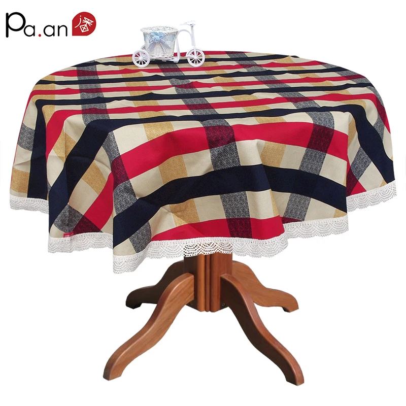 Mediterranean Home Textile Tablecloth Round Plaid Table Cover Lace Edge Thick Table Cloth Dustproof Party Wedding