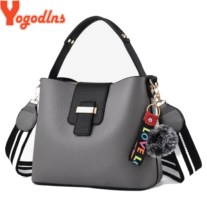 

Yogodlns Ladies new fashion solid color hair ball pendant Ladies bucket handbag trend all-match retro PU Messenger shoulder bag