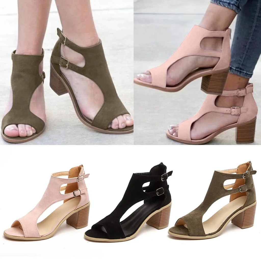 

Spring Summer Ladies Women Sandals Fashion Fish Mouth Hollow Out Roma Shoes Casual Basic Square heel Zipper Med heels shoes