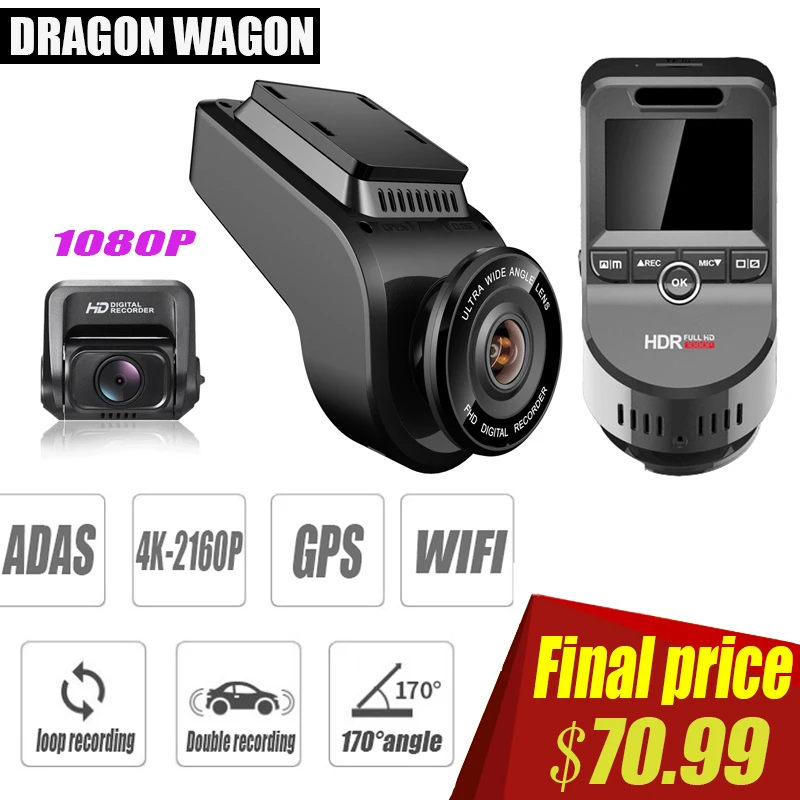 

Newest 4K Ultra HD WiFi Car Dash Cam GPS Dual Lens Dash cam with 1080P Sony Sensor Rear Camera2160P 60fps ADAS DVR Night Vision