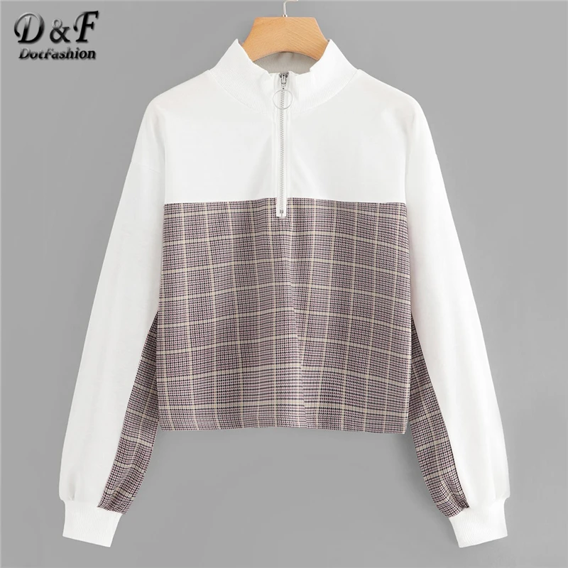 Dotfashion White Quarter Zip Plaid Sweatshirt Women Casual