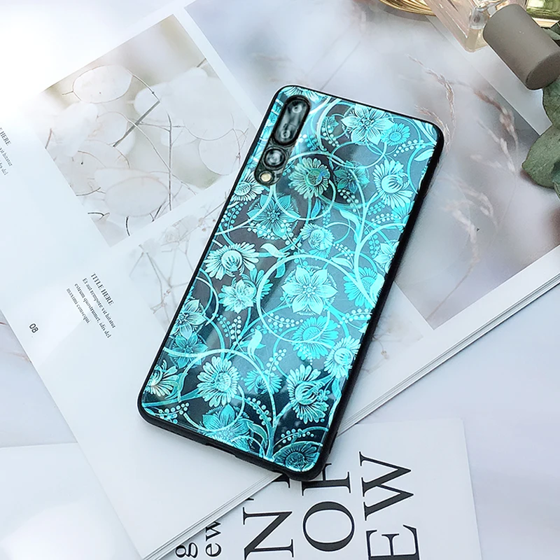 

For Huawei P20 pro case for Huawei P20 case cover Mofi tempered glass back cover hard marble black green flower abstract glossy