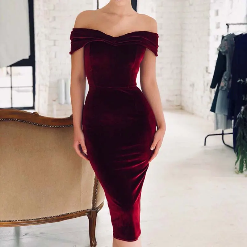 

Sexy Off Shoulder Velvet Dress Women Sheath Party Midi Dress Female Long Sleeve Bodycon Elegant Pencil Dress Ladies Vestidos