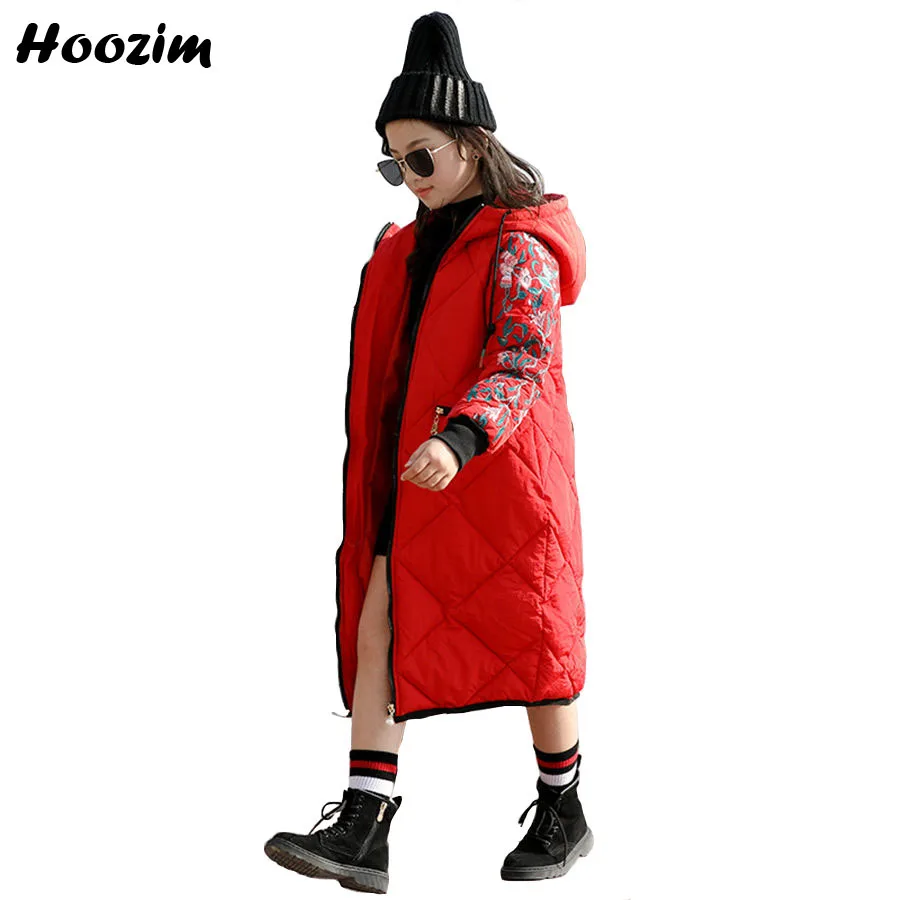 

Winter Long Jacket For Girls 10 11 12 13 Years Cool Parka Children European Kids Outerwear Red Embroidery Floral Coat For Girls