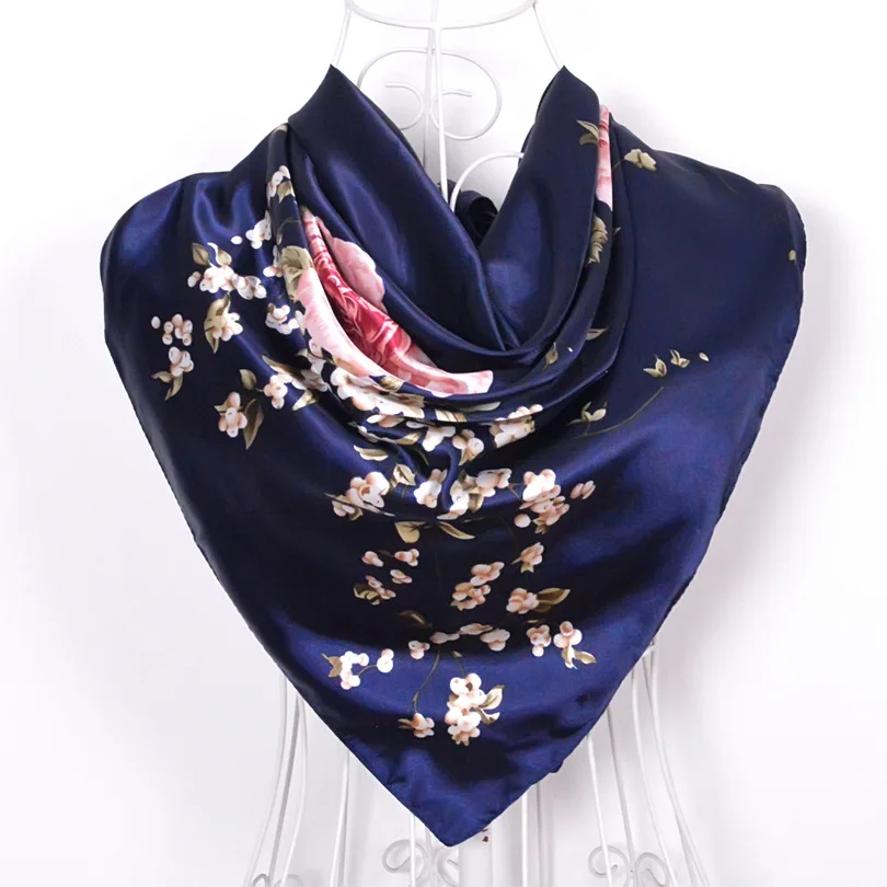 [BYISFA] женский шелковый шарф Обертывания Европейский стиль дизайн атласный большой квадратный шарф с принтом бренд женский синий шелковый шарф 90*90 см - Цвет: navy blue roses