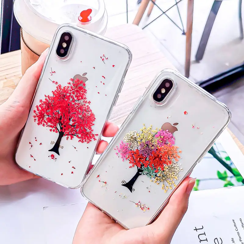 

Real Dried Flower Cases For iPhone X 6 6S Plus XR XS Max Transparent Soft TPU Green Plants Tree Phone Case For iPhone X 7 8 Plus