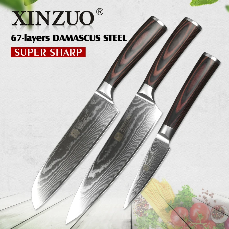 XINZUO 3 шт. наборы кухонных ножей ручной работы vg10 Дамасская нержавеющая сталь высокое качество шеф-повара Santoku нож для очистки овощей Pakka деревянной ручкой