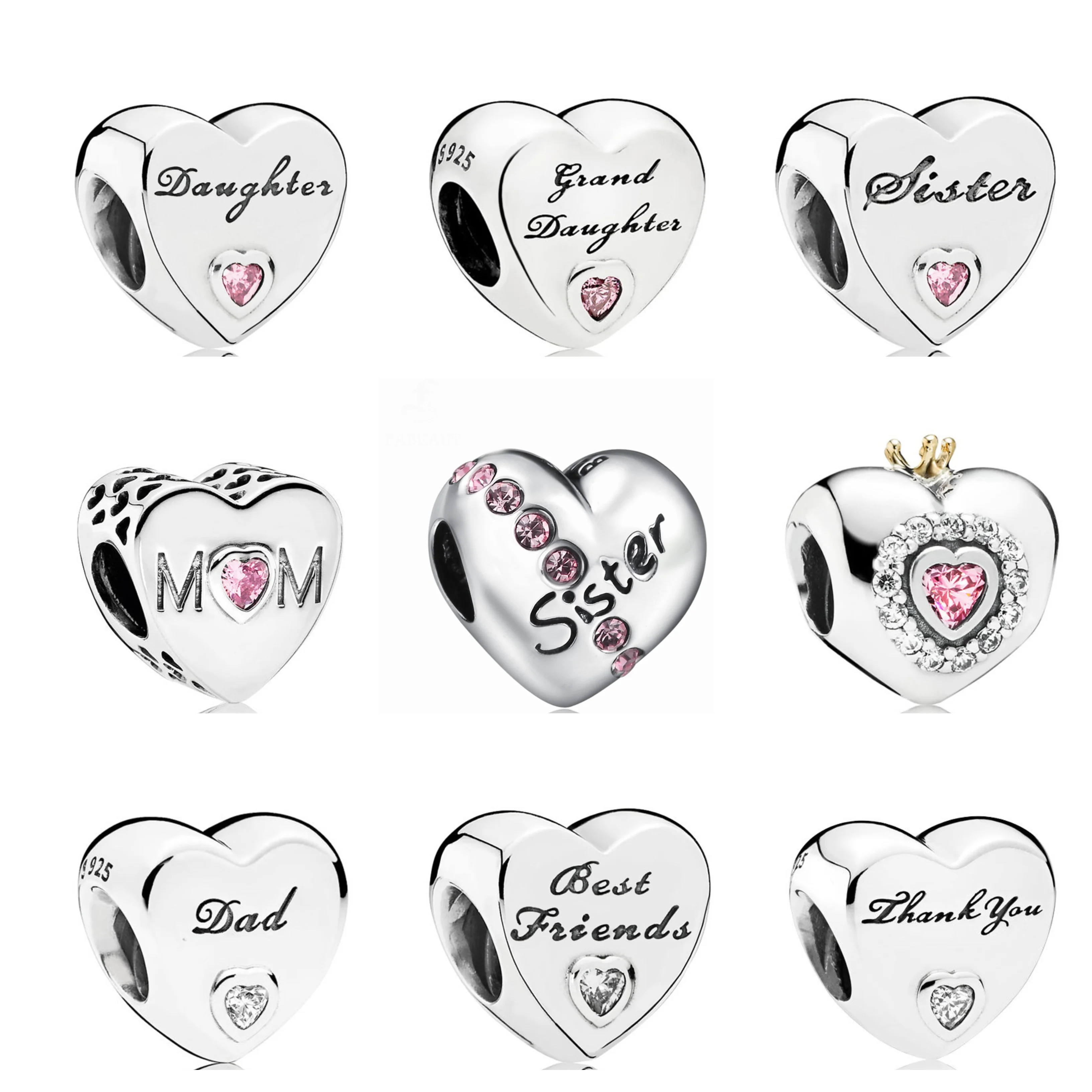 

Authentic 925 Sterling Silver Family Love Dad Mom Son Sister Daughter Thank You Friends Heart CZ Charm Dangle Bead Fit Bracelets