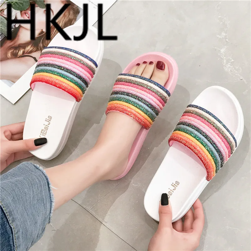 

HKJL Rainbow slippers 2019 new spring and summer fashion outside wear thick bottom flip-flops with anti-slip slippers A470