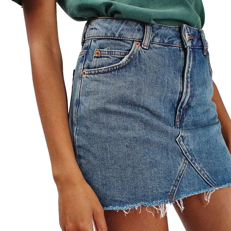 

CALOFE New Summer Solid Color Denim Empire Skirt Women High Waist Casual A-Line Denim Distressed Bodycon Short Jean Skirt 2019