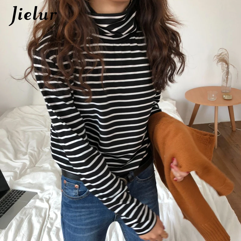 Jielur Ulzzang Harajuku Stripe Long Sleeve T Shirt Women High Quality Korean Style Basic Tshirt Autumn Chic Slim Tee Shirt Femme Tops