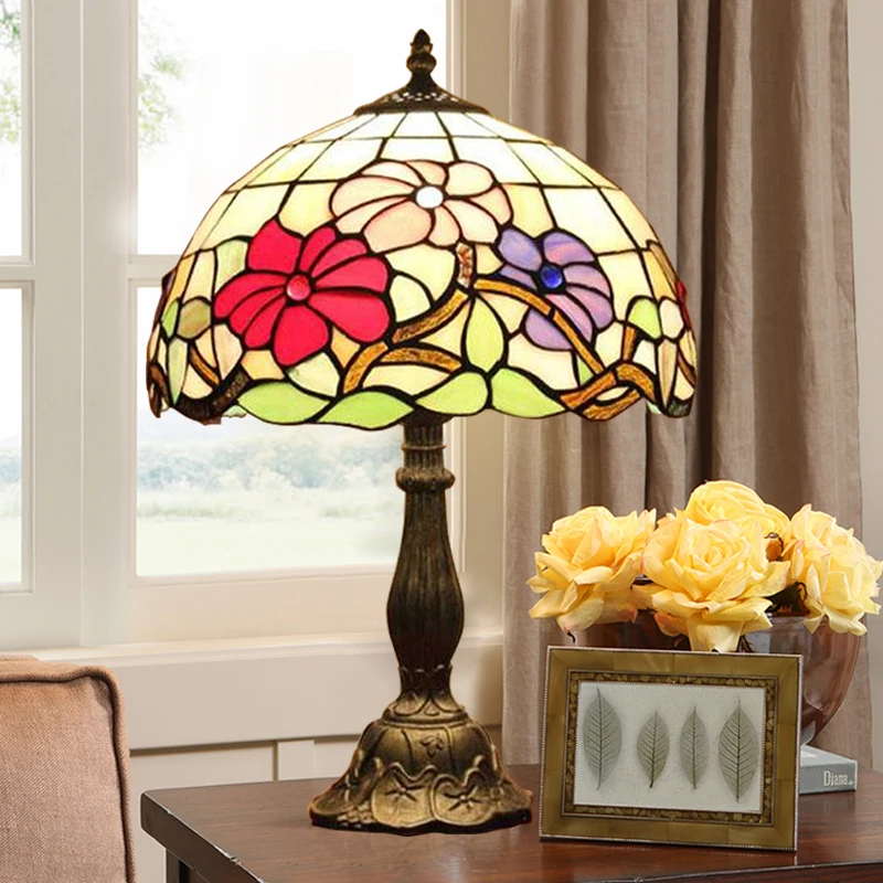 12Inch Tiffany Style Table Lamp With Flowers And Leaves Patterns With Stained Glass Free get 5W E27 LED Bulb AC110V/220V