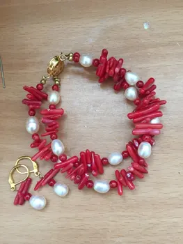 

LJHMY Strand Natural Pink Freshwater Pearls Red Coral Branch Women Bracelet and Earrings Set Handmade