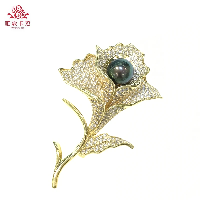 

WEICOLOR Nice Flower Shaped Black Tahitan South Sea Water Pearl Brooch. Noblest Gift For Your Girl!