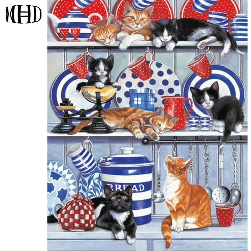 3D Diamond Painting Cat & Dish Utensils Full Round diy Mosaic Rhinestone 5D Embroidery Sticker cat new | Дом и сад