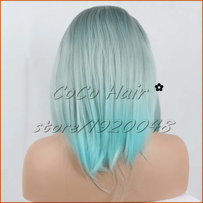 mint blue bob Ombre Wig Brown root (1)