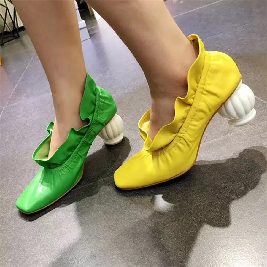 Prova Perfetto; Новинка года; необычная Дизайнерская обувь на высоком каблуке; женские туфли-лодочки с оборками; Цвет зеленый, желтый; модная женская обувь из натуральной кожи