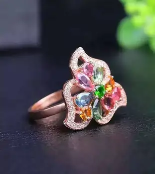 

Natural multicolor tourmaline gem Ring Natural gemstone ring 925 sterling silver trendy flower camellia women girl gift Jewelry