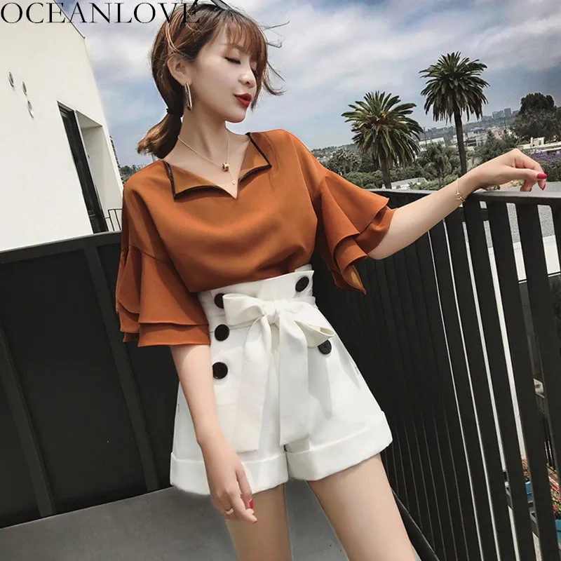 

OCEANLOVE Summer 2019 Women Two Piece Outfits Solid Chiffon V Neck Blouse + Bow Zipper High Waist Shorts Office Lady Suits 11654