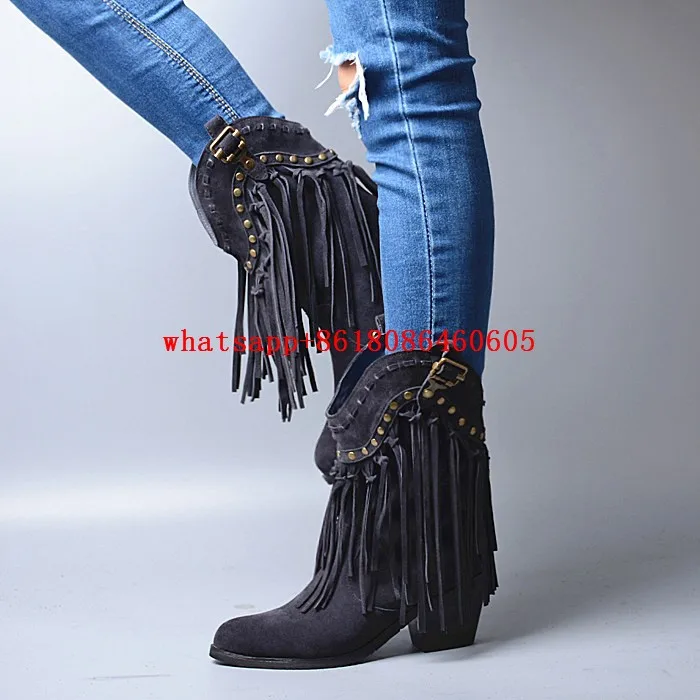 Choudory/Sapato feminino; большие размеры; обувь в стиле знаменитостей; сандалии "Гладиатор" с бахромой; туфли из бараньей кожи серые замшевые ковбойские ботинки для женщин