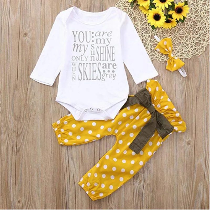 

Spring Autumn Baby Girls Polka Dot Bow Pants + Cotton Long Sleeve Bodysuits + Headband Party 3Pcs Suits Kids Infant Clothing Set