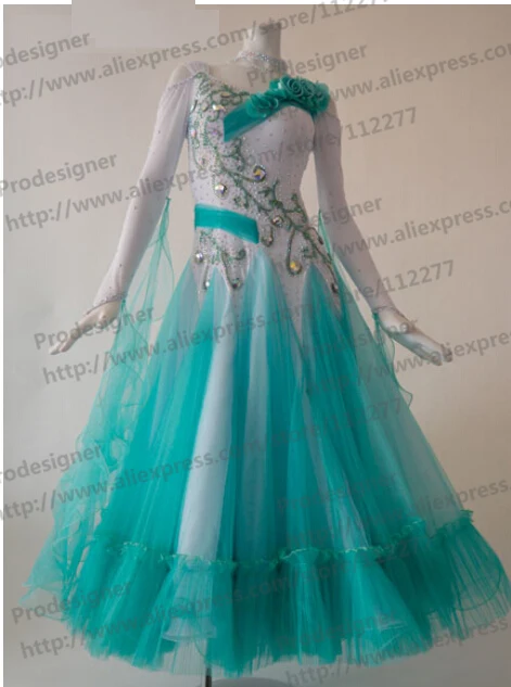 

Ballroom Standard Dance Dress Waltz Dance Competition Dress green white Ballroom Dance Dress good quality stones