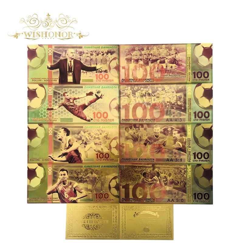 

10pcs/lot Nice Color Russia World cup One Set of Football Banknotes 100 Rubles Banknote in 24k Gold Paper Money For Collection