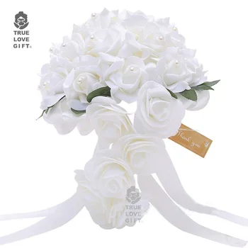 

2019 Artificial Foam Flowers Waterfall White Wedding Flower Bridal Bouquets Pearls Roses For Wedding Arrangement Bridal Bouquet