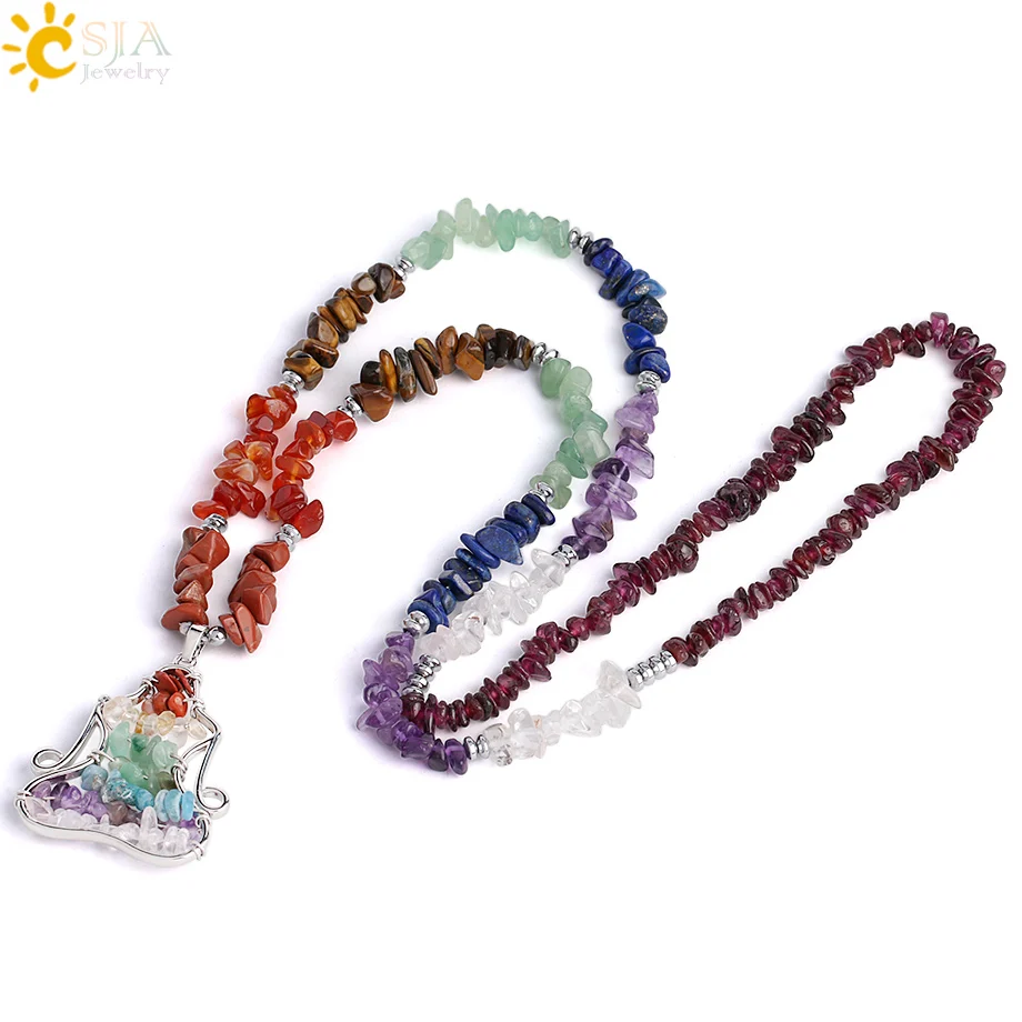 CSJA Healing Yoga 7 Chakras Beads Pendants Long Necklaces Women Natural Stone Chip Statement Necklace Chain Reiki Jewellery S407