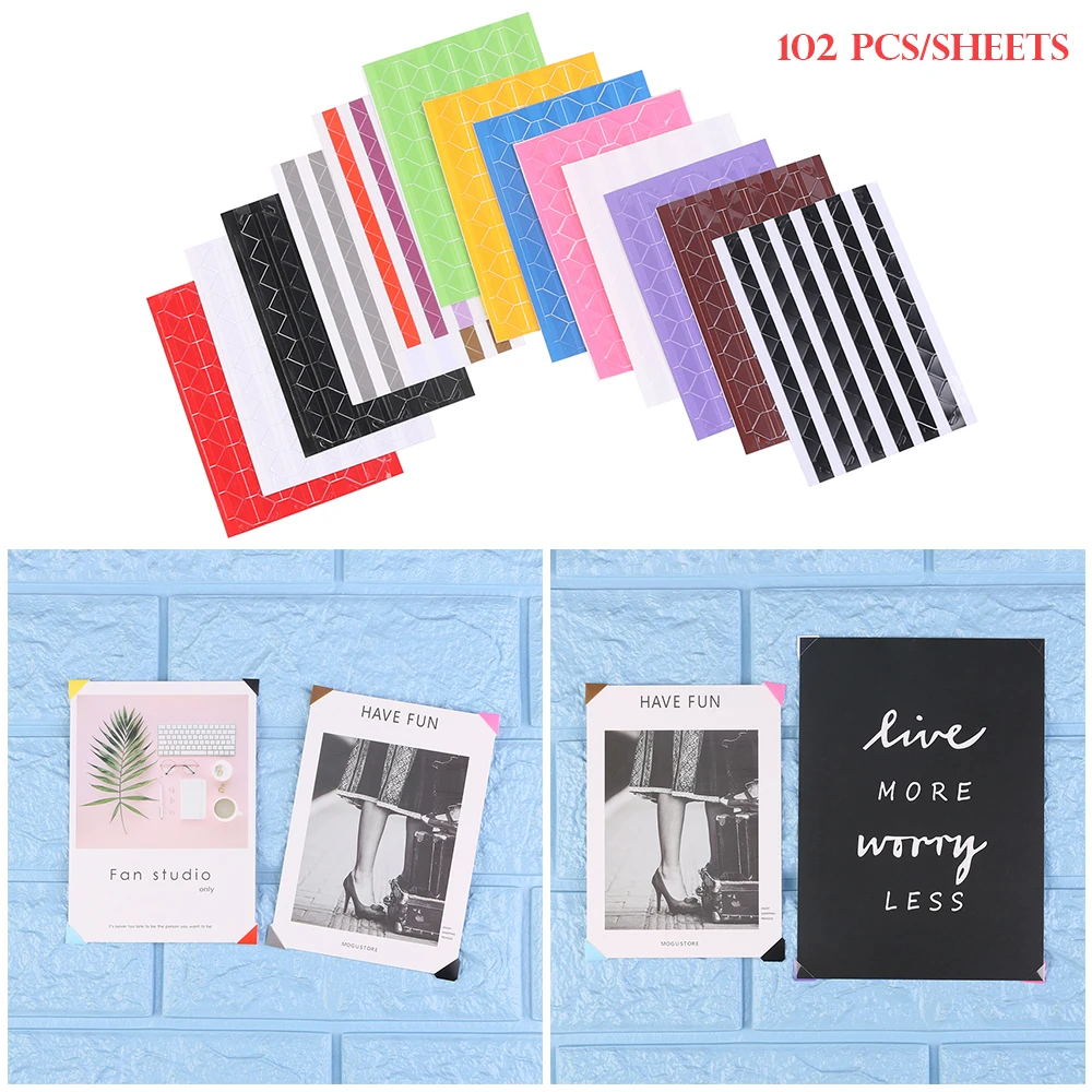 

102Pcs/sheet DIY Colorful Picture Frame Stickers Scrapbook Self Adhesive Paper Photo Corner Protector Home Decorations