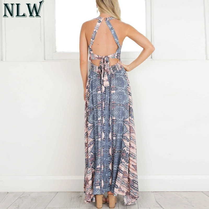 NLW Boho Платье макси с синими цветами летнее платье женское с высоким разрезом без спинки сексуальное длинное платье пляжные вечерние шикарные платья для девушек
