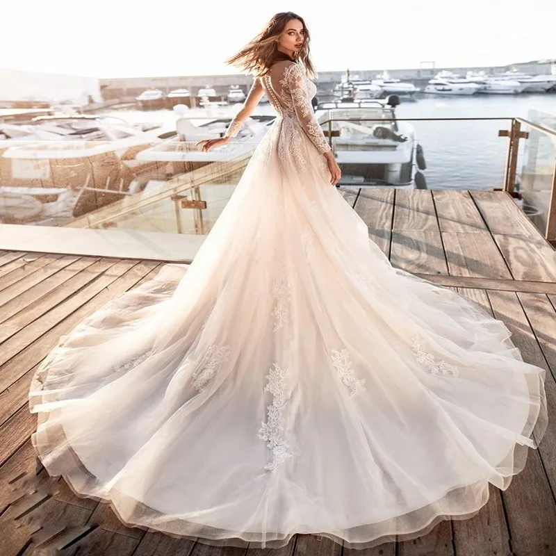 LORIE светильник цвета шампанского свадебное платье с длинными рукавами аппликация невесты платье трапециевидной формы тюль невесты Свадебные платья бохо