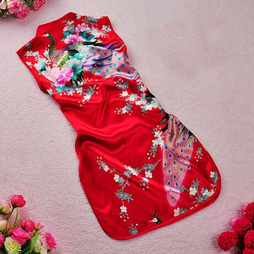 Children Girls Chinese Cheongsam Floral Peacock Lapel Sleeveless Summer Dress