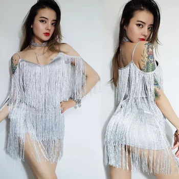 

Sexy Jazz Dance Costume Women Sliver Tassel Stage Nightclub Hip Hop Dancer Outfit Dj Gogo Pole Dance Clothing For Singer DL3734