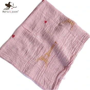

Marte&Joven Fashion Eiffel Tower Embroidery Women Pink Wrinkle Scarves Tippet Elegant Ladies Warm Fringe Shawls Pashmina Bufanda