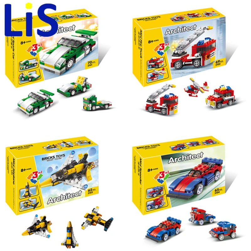 

Lis DECOOL DIY 3in1 Plastic building block set Sport car/Fire truck/Airplane/speeder/racer Kids Bricks toy Christmas gift