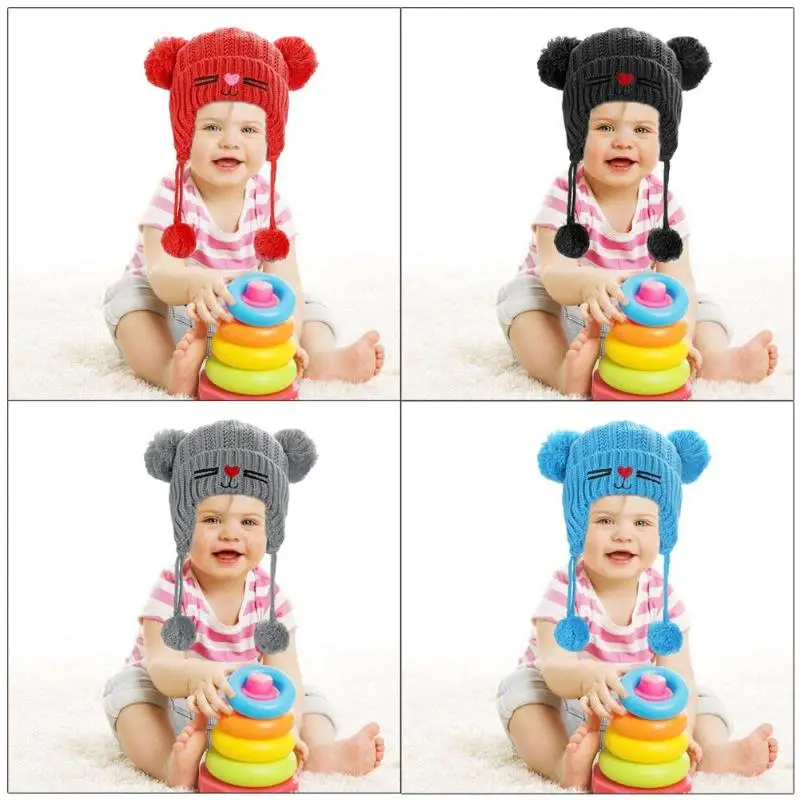 

1 pcs Cute Baby Girls Boys Cat Print Cap Knitted Fleece Ears Protector Warm Hats Bobble Hat Cap Baby Warm Winter Hat