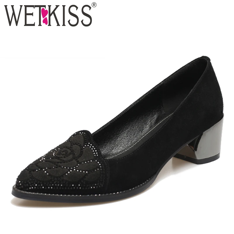 

WETKISS Thick Heels Pumps Women Pointed Toe Footwear Shallow Crystal Shoes Female Fashion Office Stud Shoes Woman 2019 Spring