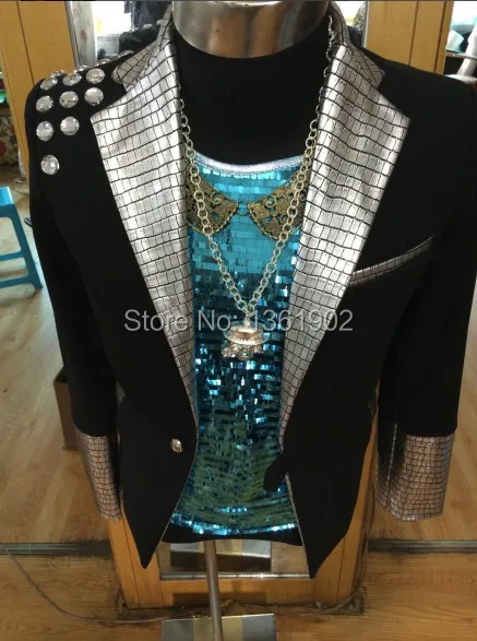 Корея звезды черный серебристыми блестками мужская ds dj певец танцор производительность верхняя одежда костюм пальто джаз показать тонкий куртка наряд