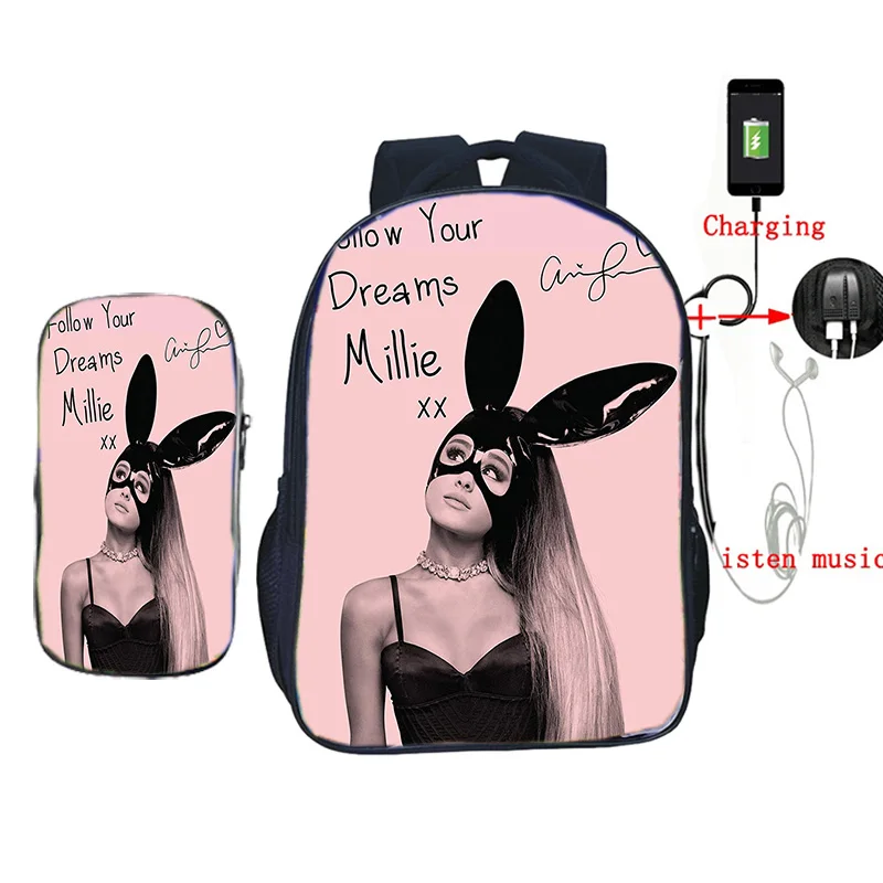 Рюкзак Ariana Grande с USB зарядкой, 2 шт./компл., школьная сумка, сумка-карандаш для подростков, мальчиков и девочек, студентов, ноутбука, путешествий, Mochila - Цвет: 2