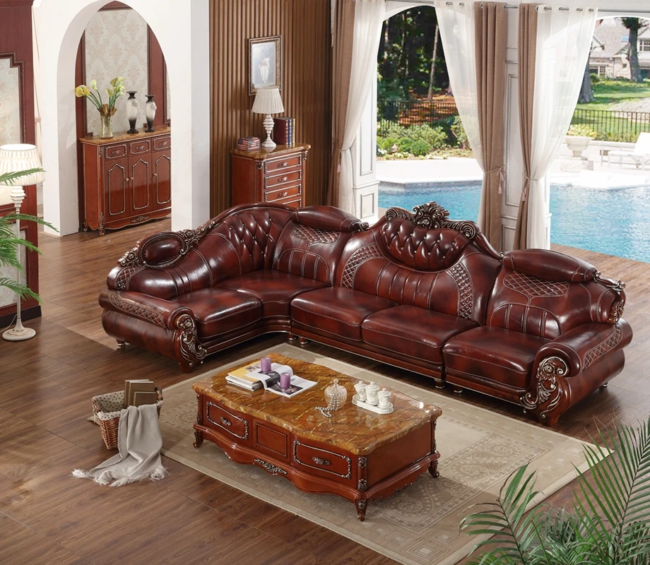 Amerikaanse lederen bankstel woonkamer sofa China houten frame L hoekbank blauw|corner sofa|room sofaamerican leather sofas -