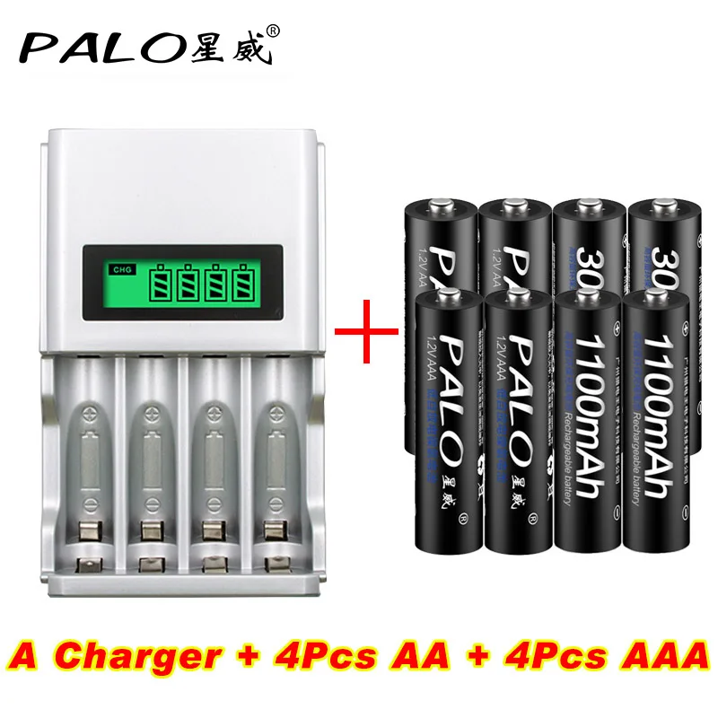 Koop 4 Slots Lcd scherm Smart Intelligente Batterijlader Voor AA AAA NiCd NiMh Oplaadbare Batterijen EU US Plug + 4 stks AA + 4 stks AAA