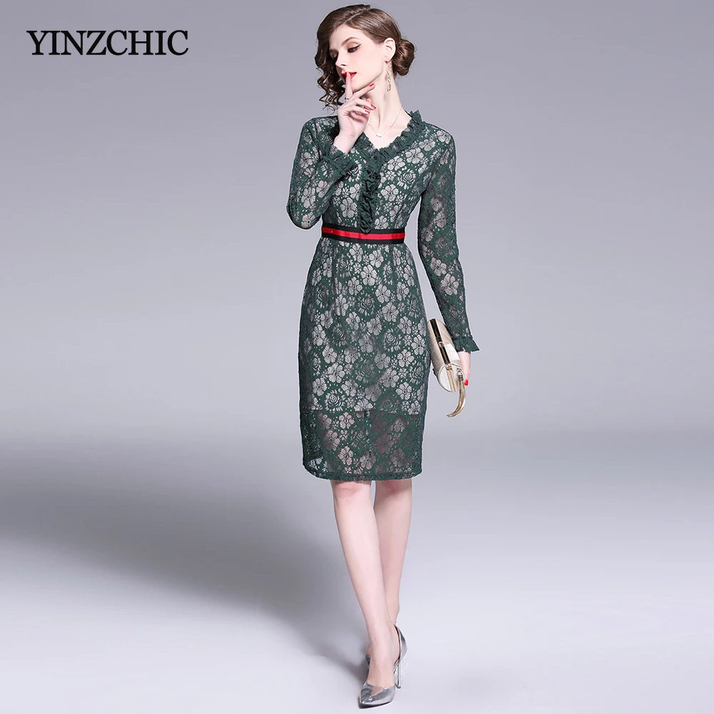 

New Spring Womans Pencil Dress V-neck Ruffles Laces Dress for Office Lady Slim Female Casual Party Dress Womans Midi Dress