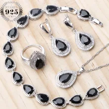 Свадебные 925 пробы серебряные Ювелирные наборы женские черные камни серьги Свадебные ювелирные изделия циркониевое кольцо браслет кулон ожерелье набор
