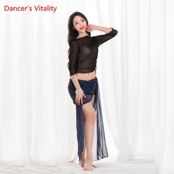 

New Arrival Korea Design Shine belly Dance Wear 2 Pieces Set Skirt Long Team Dance Practice Clothes Black