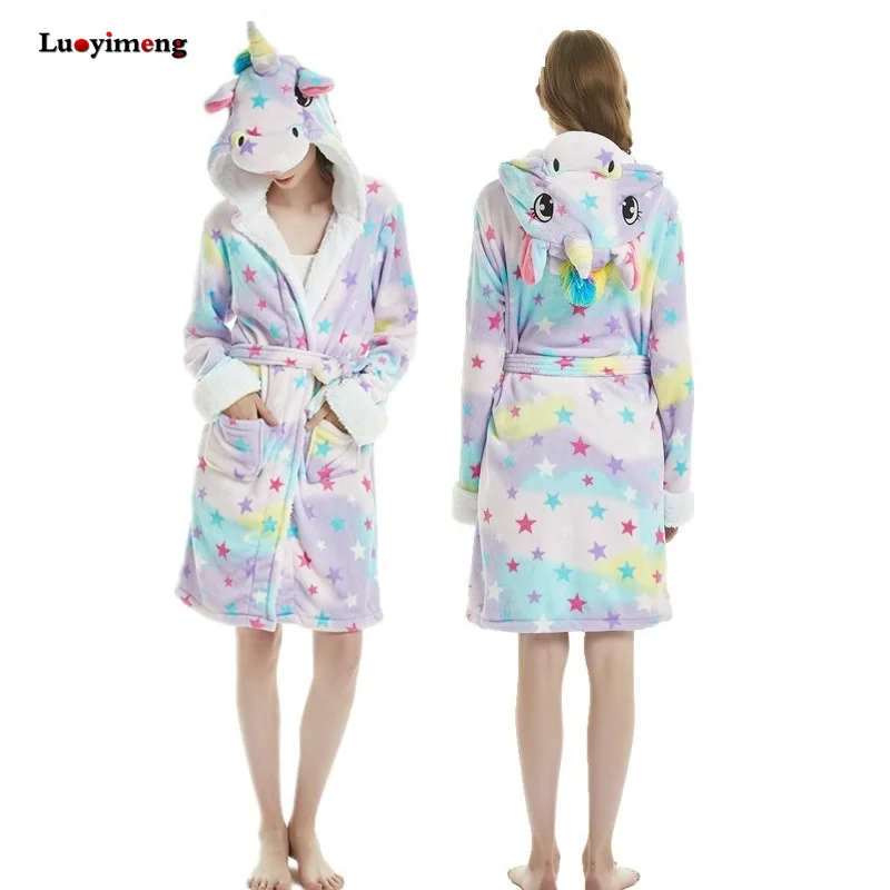 Зимний коралловый бархатный халат с капюшоном в виде единорога для взрослых, Женский фланелевый Халат, банные халаты в виде панды и животного, мужские длинные халаты